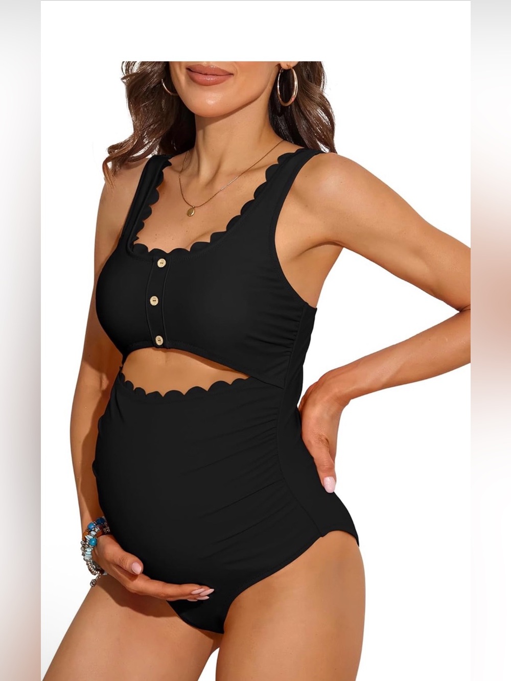 Charmo Maternity One Piece Swimsuit Scalloped Cut Out Ruched High Waisted Scoop